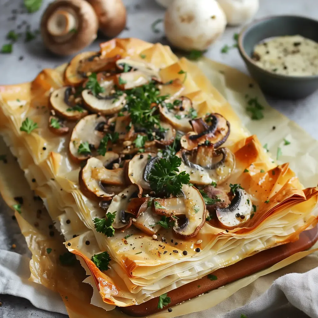 Croustillante pâte filo garnie de champignons sautés, décorée de persil et accompagnée d’une sauce en petit bol.