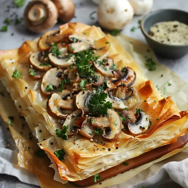 Croustillante pâte filo garnie de champignons sautés, décorée de persil et accompagnée d’une sauce en petit bol.