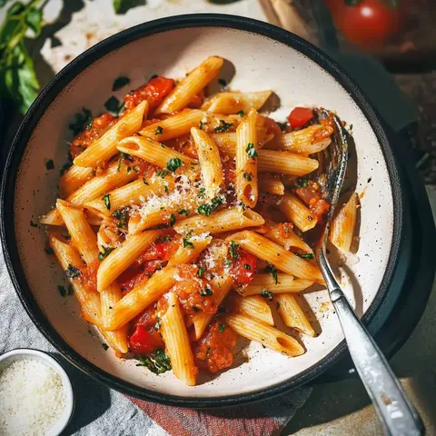 Pâtes penne accompagnées de sauce tomate avec parmesan et persil dans une assiette.
