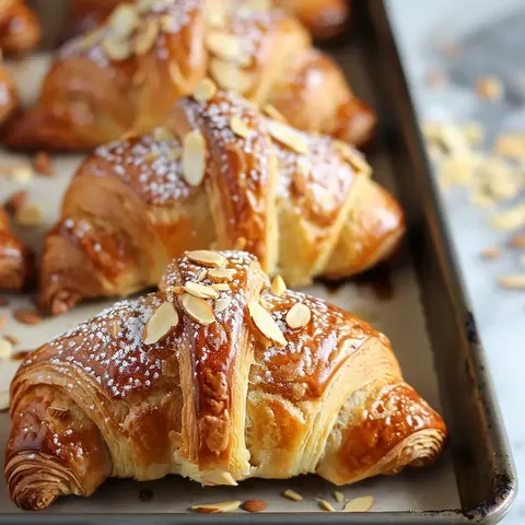Trois croissants garnis d’amandes et saupoudrés de sucre glace reposent sur une plaque.