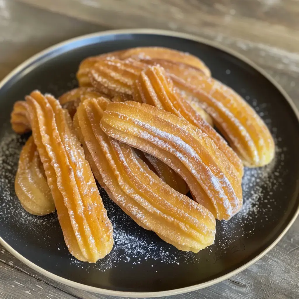 Assiette noire avec churros dorés et sucre glace saupoudré.