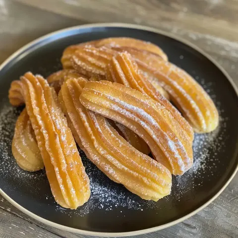 Assiette noire avec churros dorés et sucre glace saupoudré.