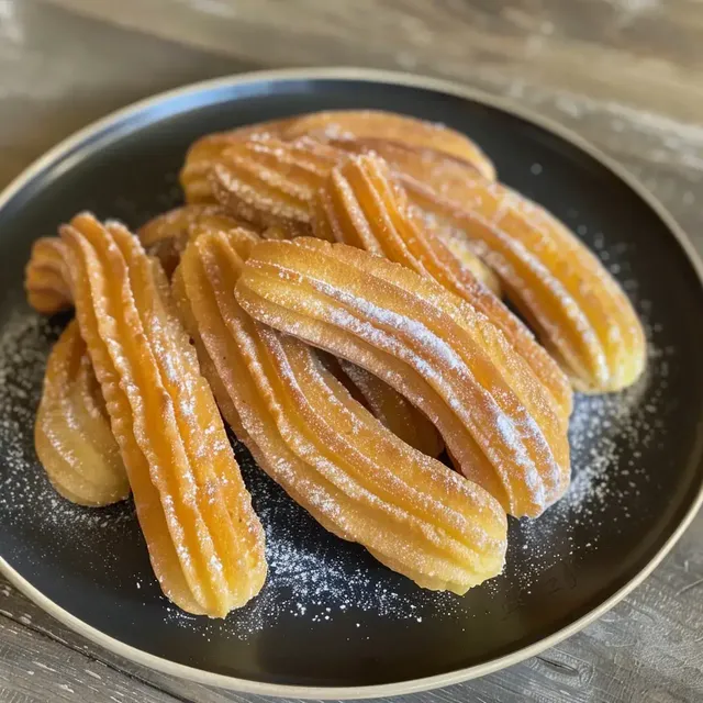 Assiette noire avec churros dorés et sucre glace saupoudré.