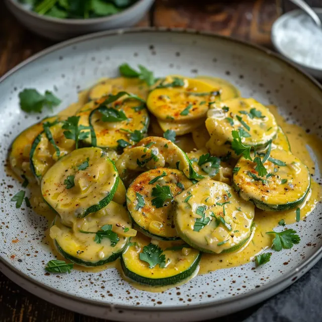 Des morceaux de courgettes nappés d'une sauce coco-curry garnie de coriandre.