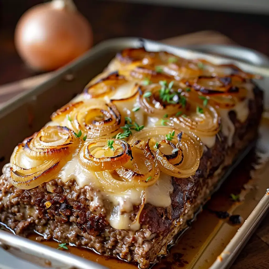 Un délicieux plat de viande caramélisée avec du fromage fondu et des oignons, prêt à être dégusté.