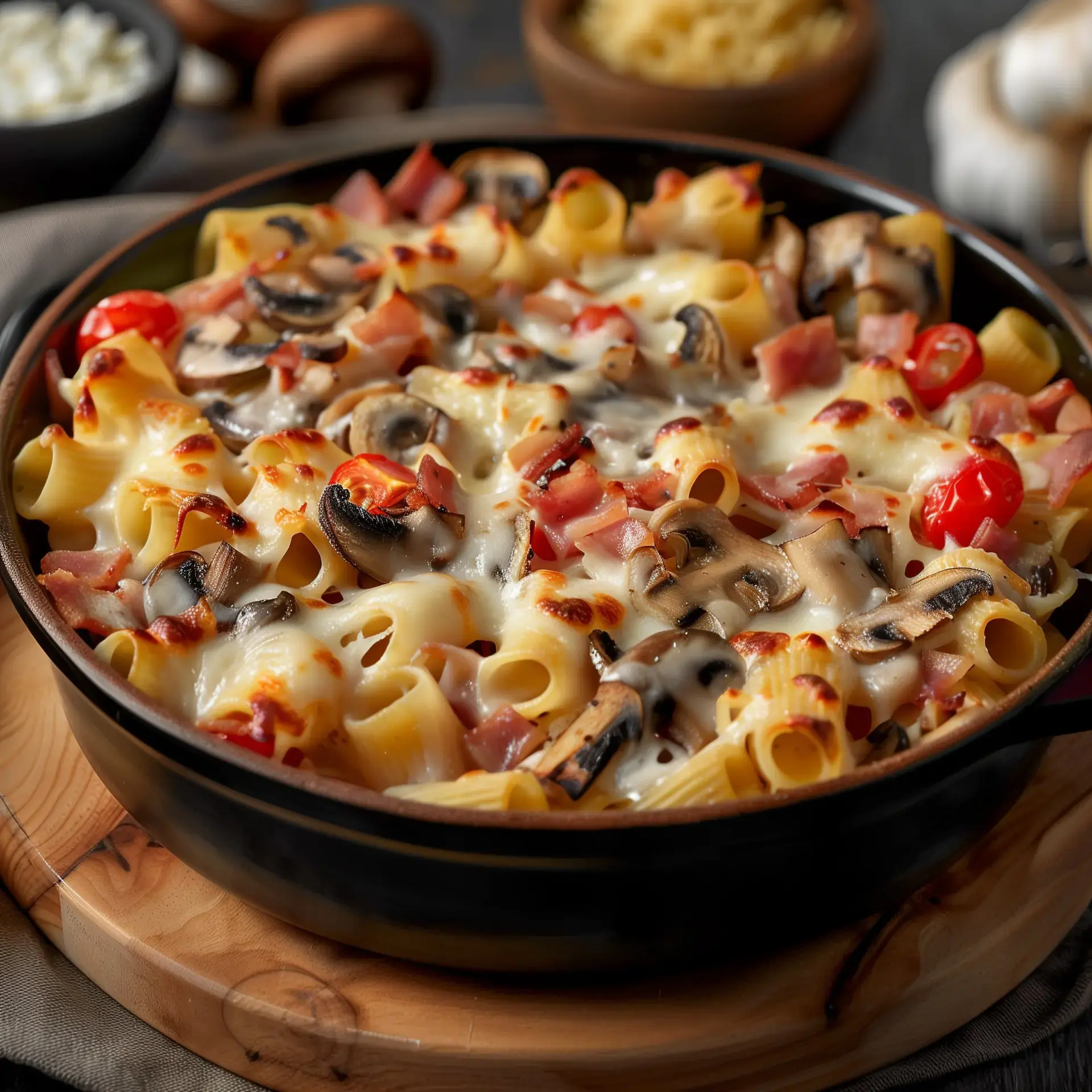 Un bol noir rempli de pâtes gratinées au fromage avec des morceaux de tomates, champignons et lardons croustillants.