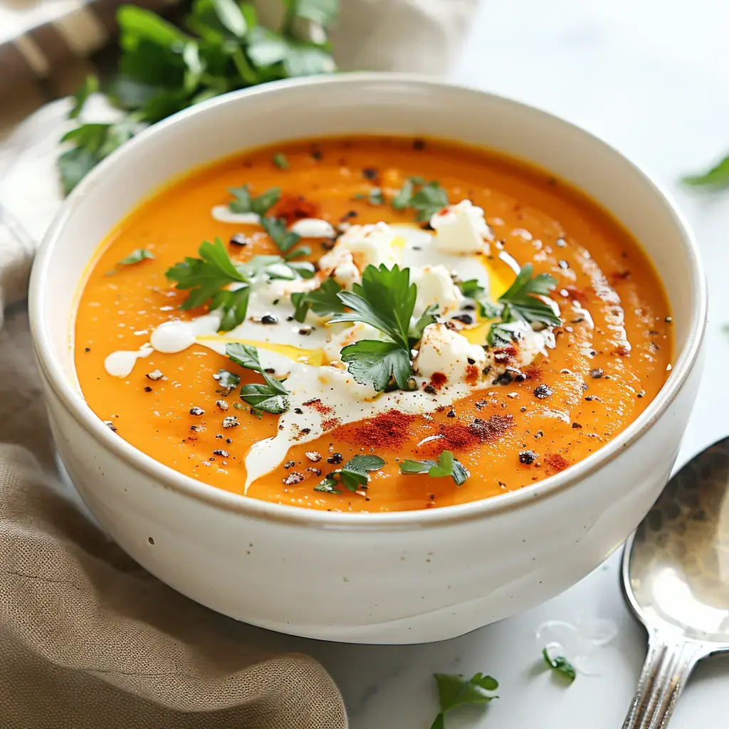 Bol de soupe orange avec crème, persil et poivre, posé sur fond clair.