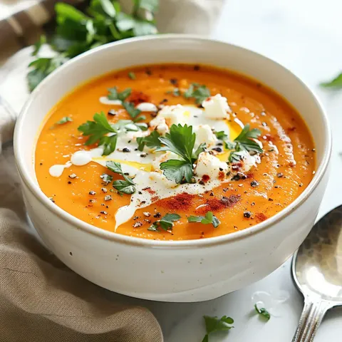 Bol de soupe orange avec crème, persil et poivre, posé sur fond clair.
