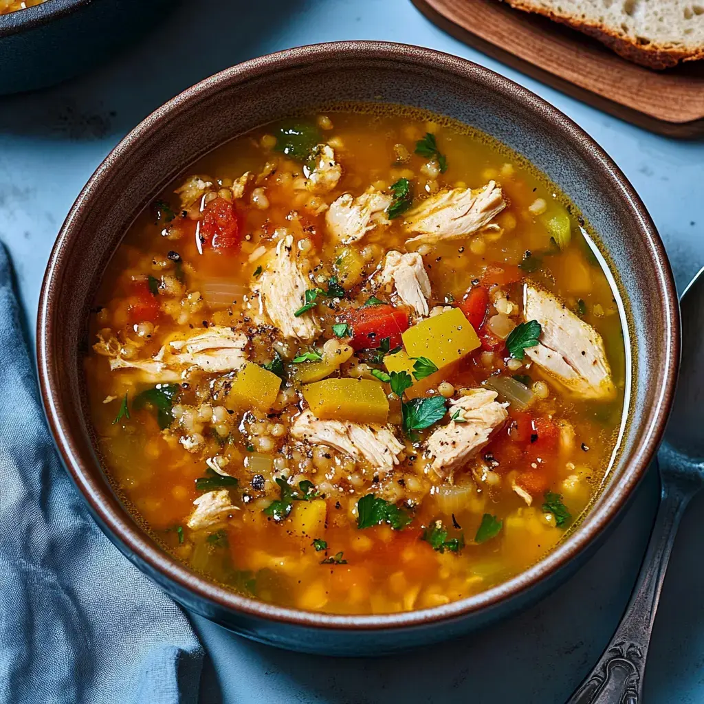 Un bol rempli d'une soupe généreuse au freekeh et morceaux de poulet, agrémenté de persil finement haché, sur une table décorée.