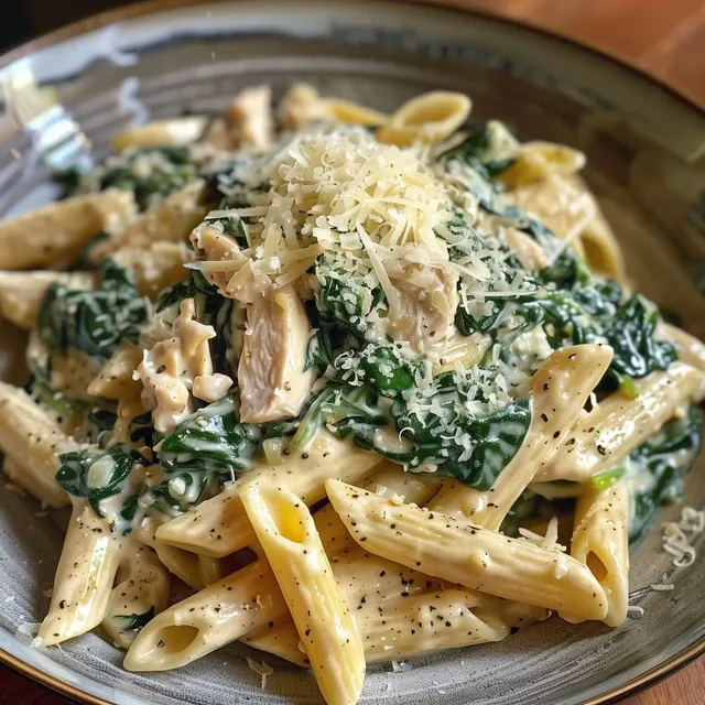 Un plat réconfortant de penne crémeuses avec du poulet et des épinards, saupoudré de fromage.