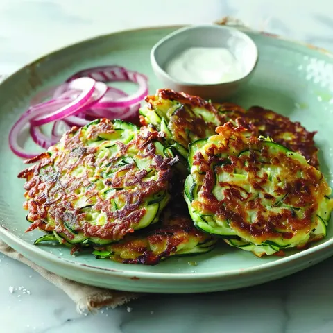 De délicieux beignets dorés aux courgettes, servis avec des tranches d'oignons rouges et une sauce en accompagnement.