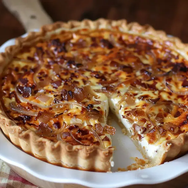 Tarte salée avec oignons caramélisés et fromage fondu, une part découpée.