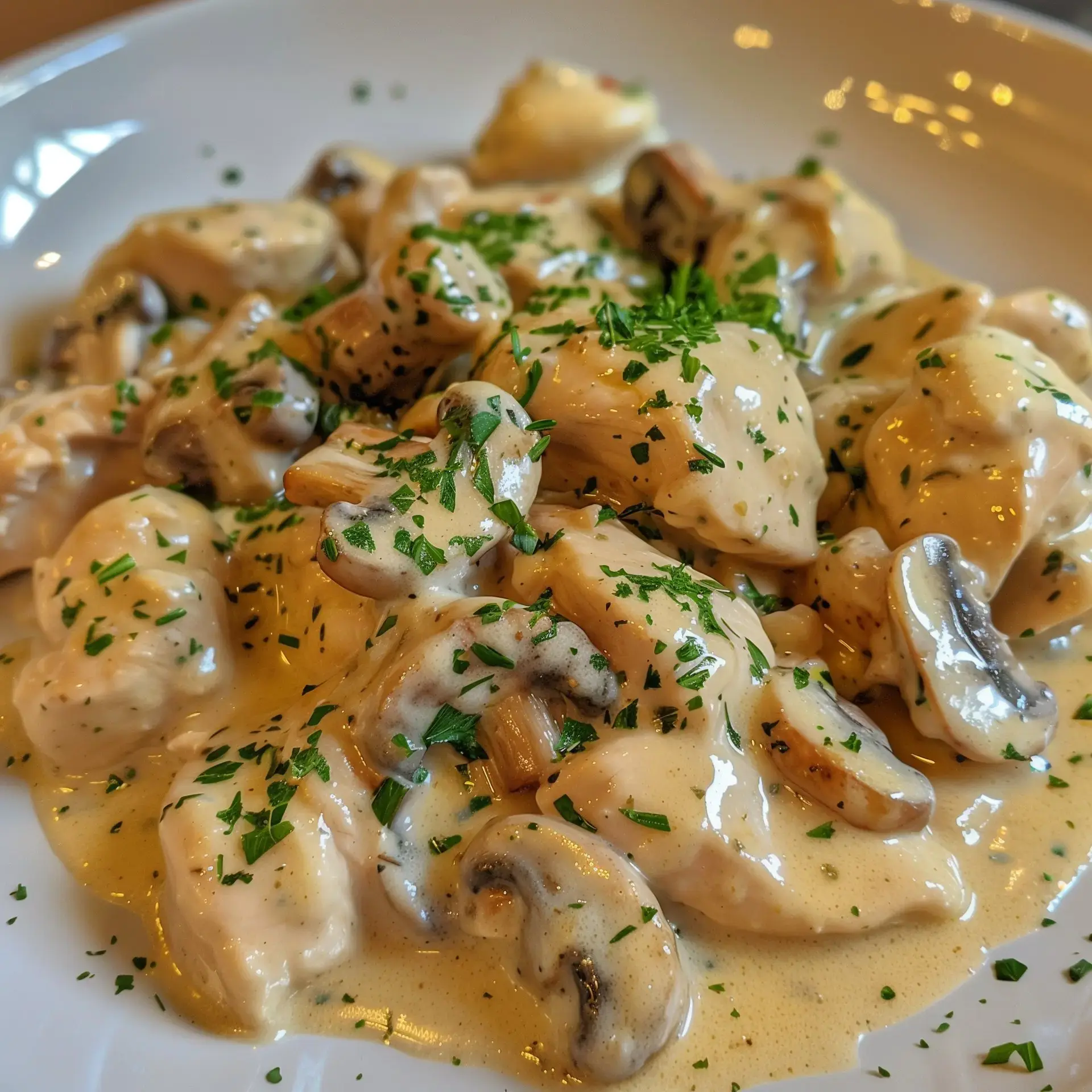 Poulet tendre baigné dans une sauce crémeuse avec des champignons savoureux et une touche de ciboulette.