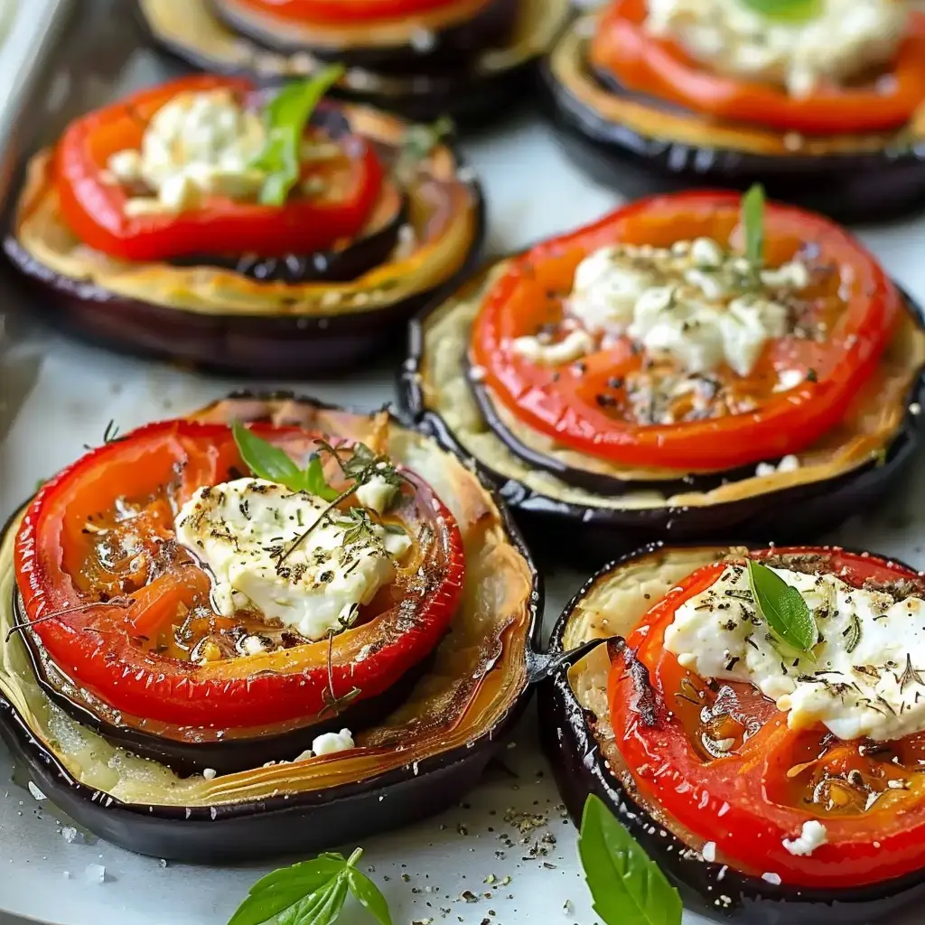 Aubergines rôties, tomates colorées, fromage fondu et herbes fraîches, joliment présentés.