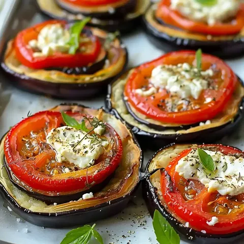Aubergines rôties, tomates colorées, fromage fondu et herbes fraîches, joliment présentés.