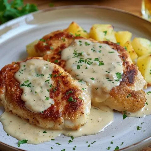 Escalope de poulet gratinée avec une sauce reblochon, accompagnée de pommes de terre dorées et décorée de persil.
