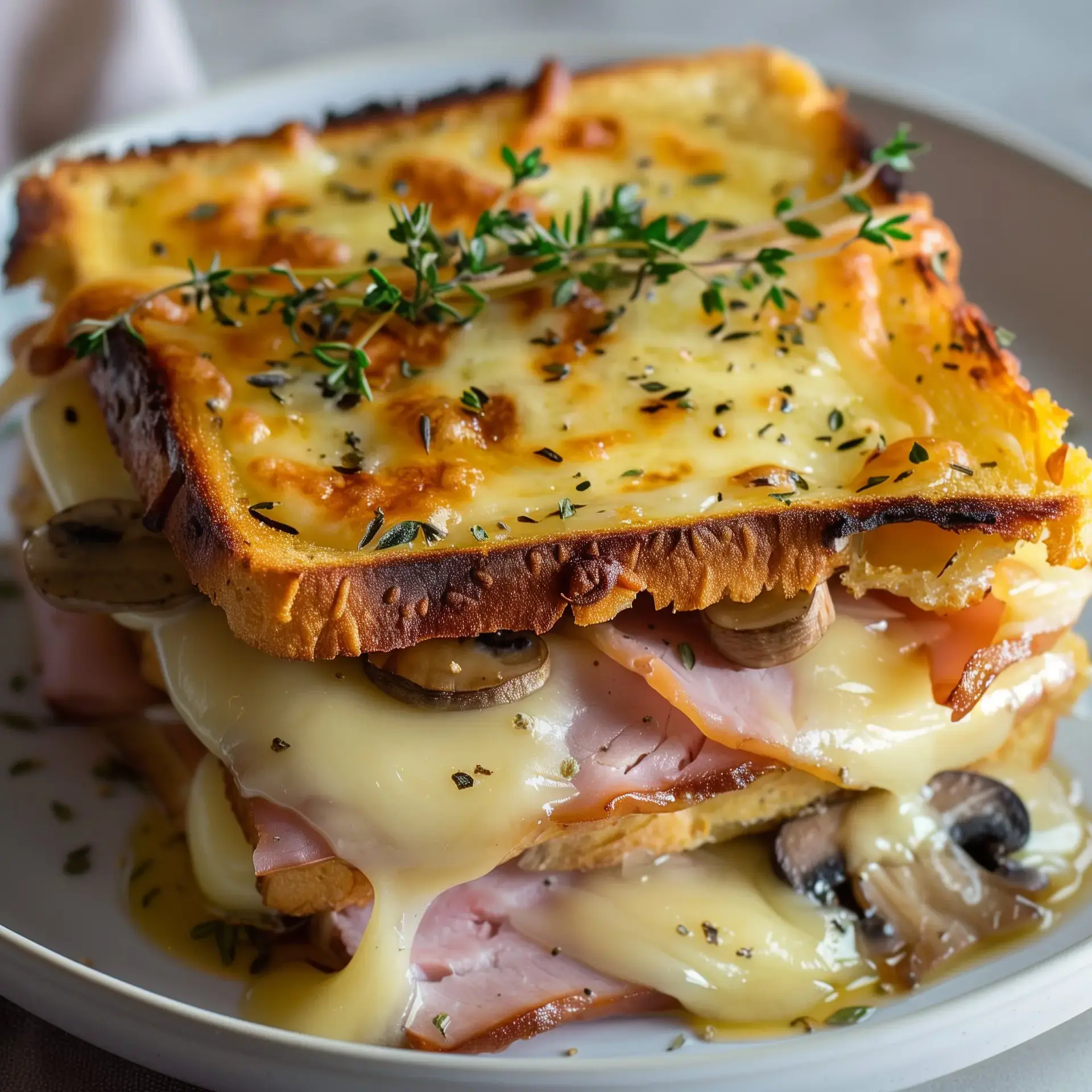 Une assiette de croque-monsieur montagnard avec fromage fondant et jambon, décorée de thym frais.