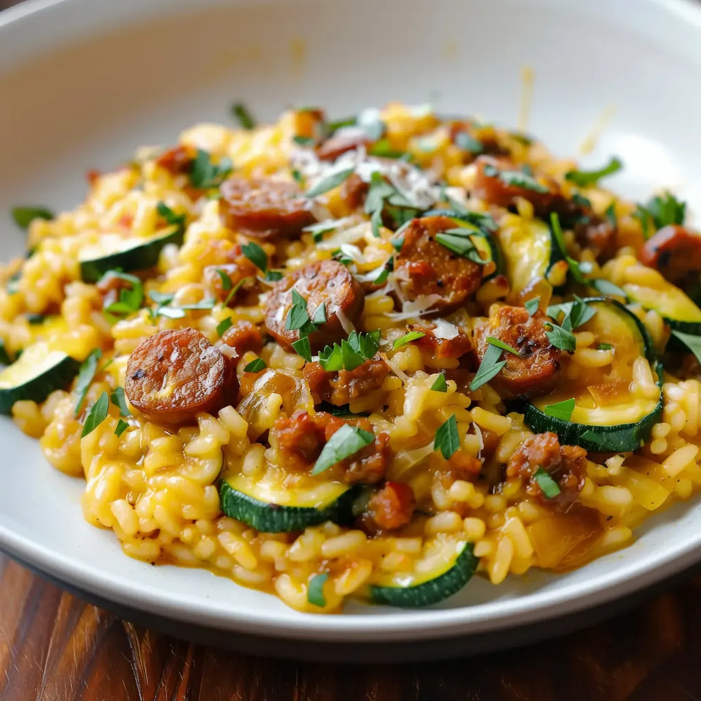 Un délicieux risotto aux courgettes, saucisses et herbes fraîches.