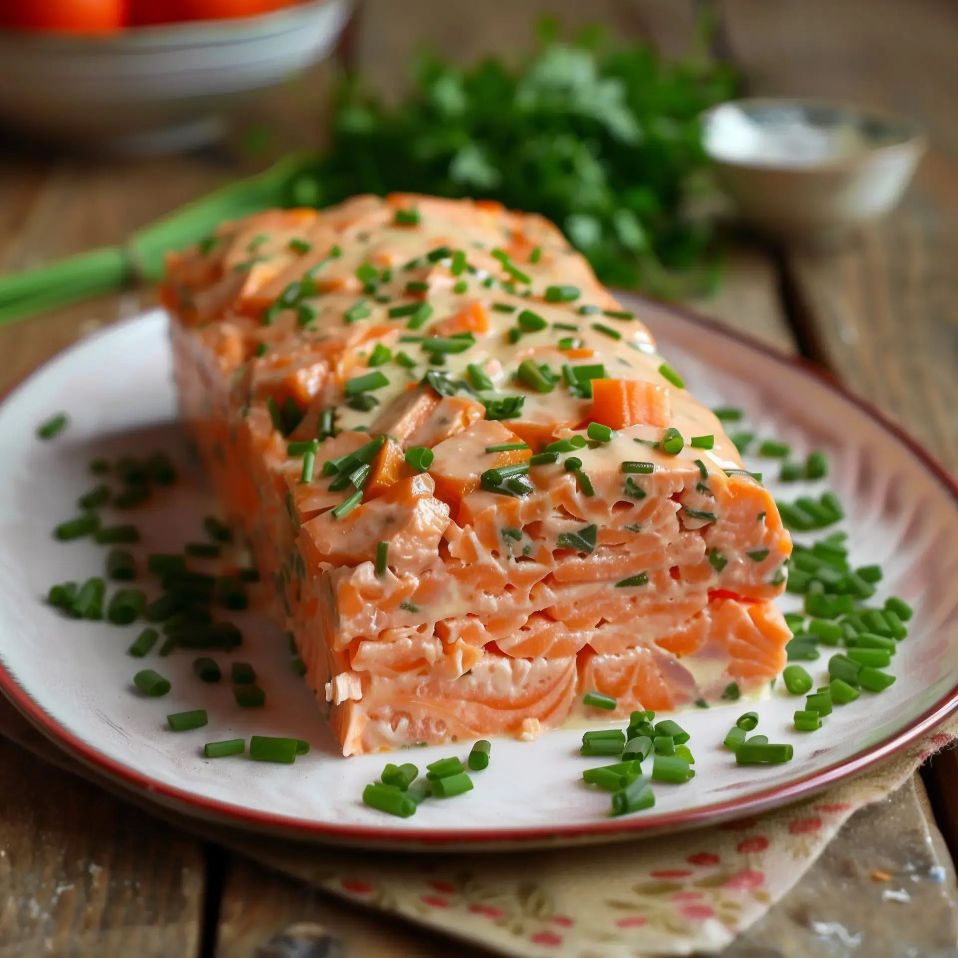 Terrine de saumon parsemée de ciboulette, servie avec quelques crudités.