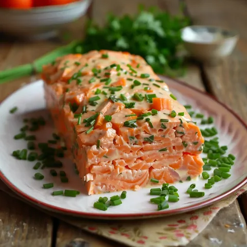 Terrine de saumon parsemée de ciboulette, servie avec quelques crudités.
