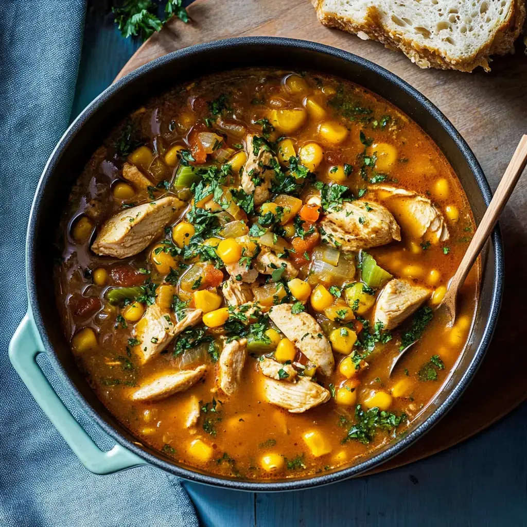 Un bol de chili blanc avec poulet, chermoula et herbes, servi avec du pain croustillant.