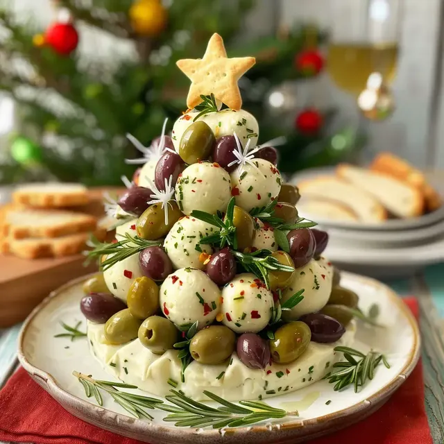 Un sapin festif réalisé avec du fromage et des décorations comestibles, surmonté d'une étoile.