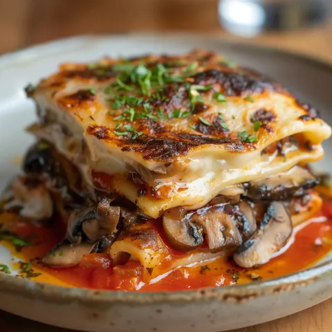 Une assiette de lasagnes bien garnies avec champignons, sauce tomate et mozzarella fondante, assortie d'herbes fraîches.