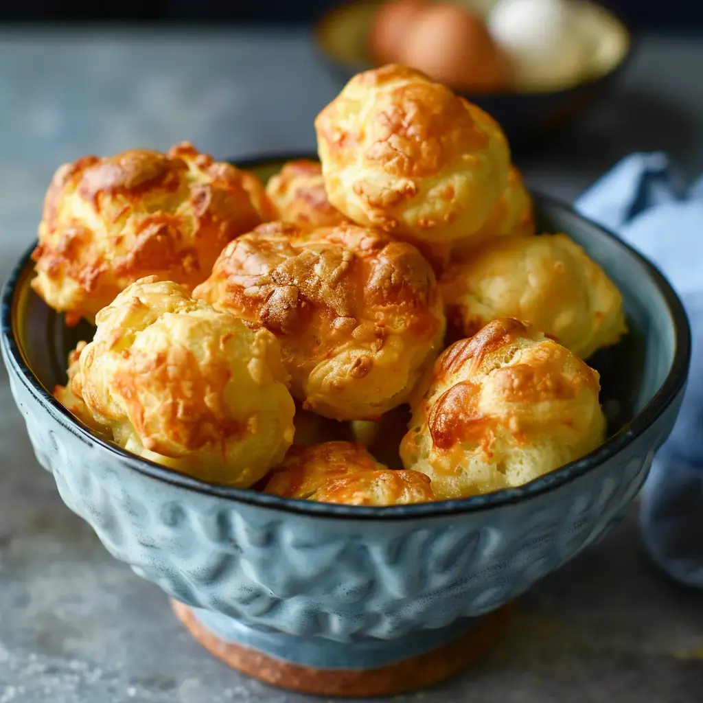 Une assiette remplie de petits choux dorés et légers, avec des œufs et du fromage en arrière-plan.