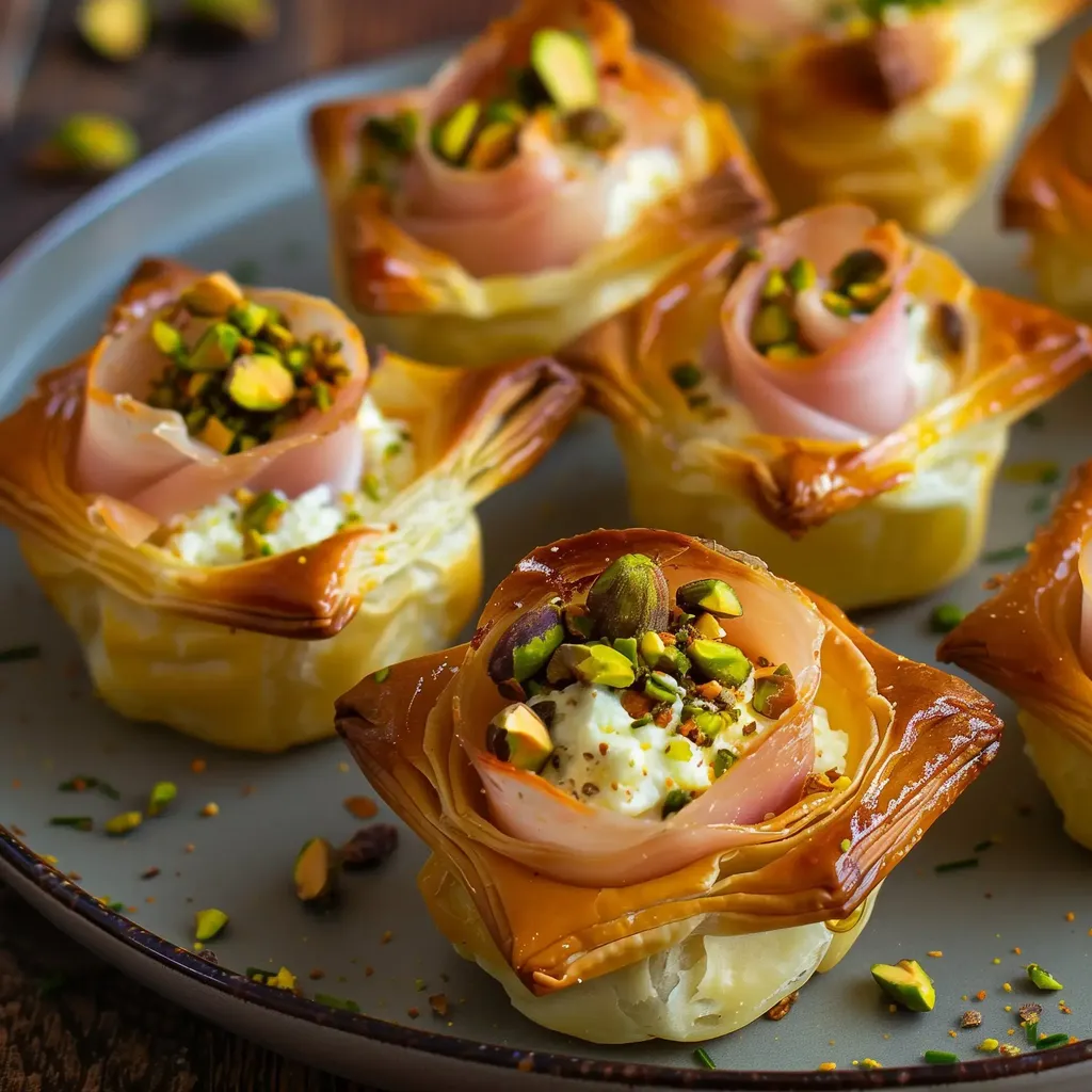 Des feuilletés croquants au fromage, jambon, et pistaches, parfaits pour l'apéritif.