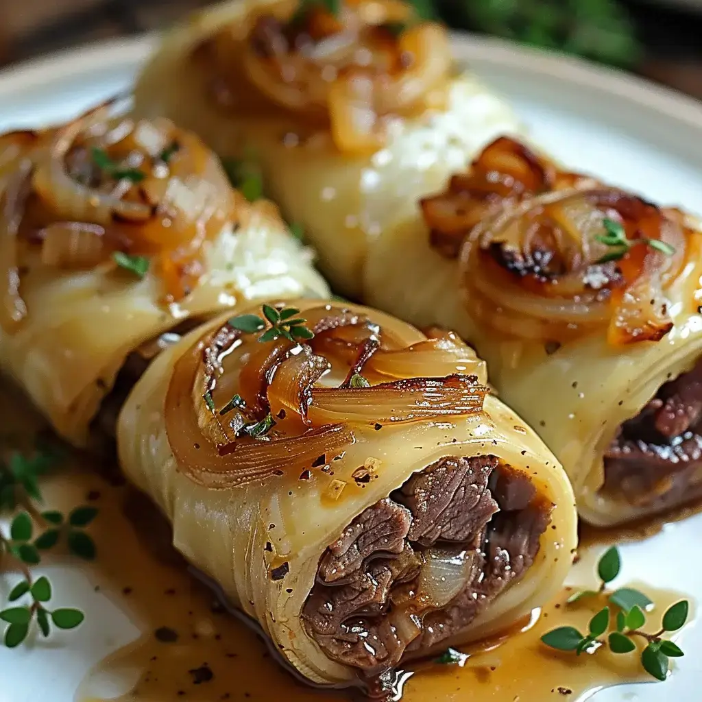 Bœuf roulé tendre garni de gruyère et d'oignons, servi avec une sauce sur une belle assiette.