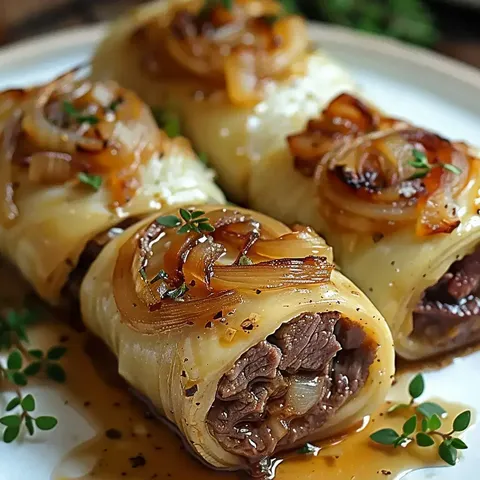Bœuf roulé tendre garni de gruyère et d'oignons, servi avec une sauce sur une belle assiette.