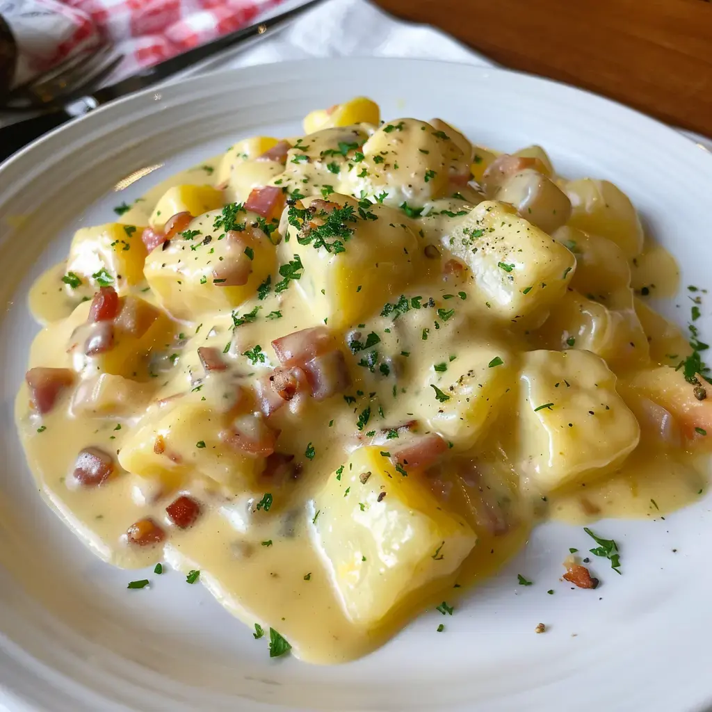 Des pommes de terre fondantes en sauce crémeuse, accompagnées de dés de jambon et d'une touche verte de persil.