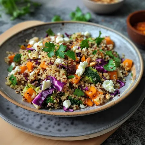 Un plat coloré à base de quinoa avec carottes, brocoli, chou rouge, herbes fraîches et morceaux de feta.