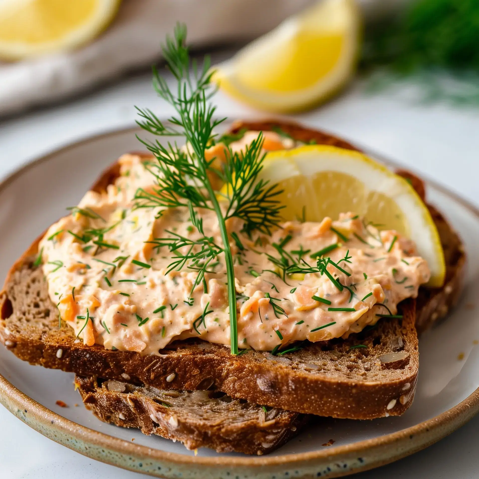 Tartine croustillante avec mousse de saumon et touche d’aneth, accompagnée d’un citron.