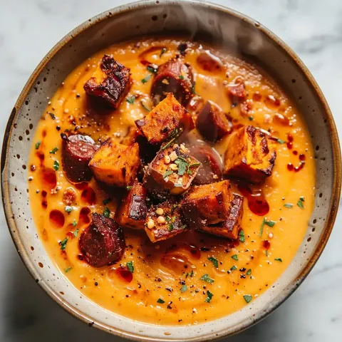 Velouté épicé avec patates douces dorées, morceaux de chorizo grillé et coriandre fraîche.