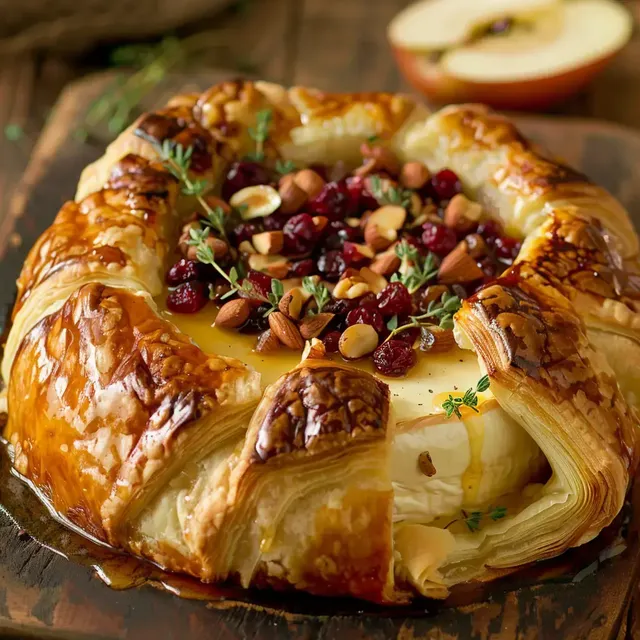 Un brie enrobé de pâte bien dorée garni de fruits secs et miel, posé sur une belle planche en bois.