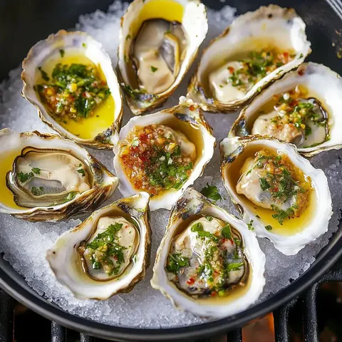Huîtres grillées assaisonnées sur un lit de glace avec des condiments.