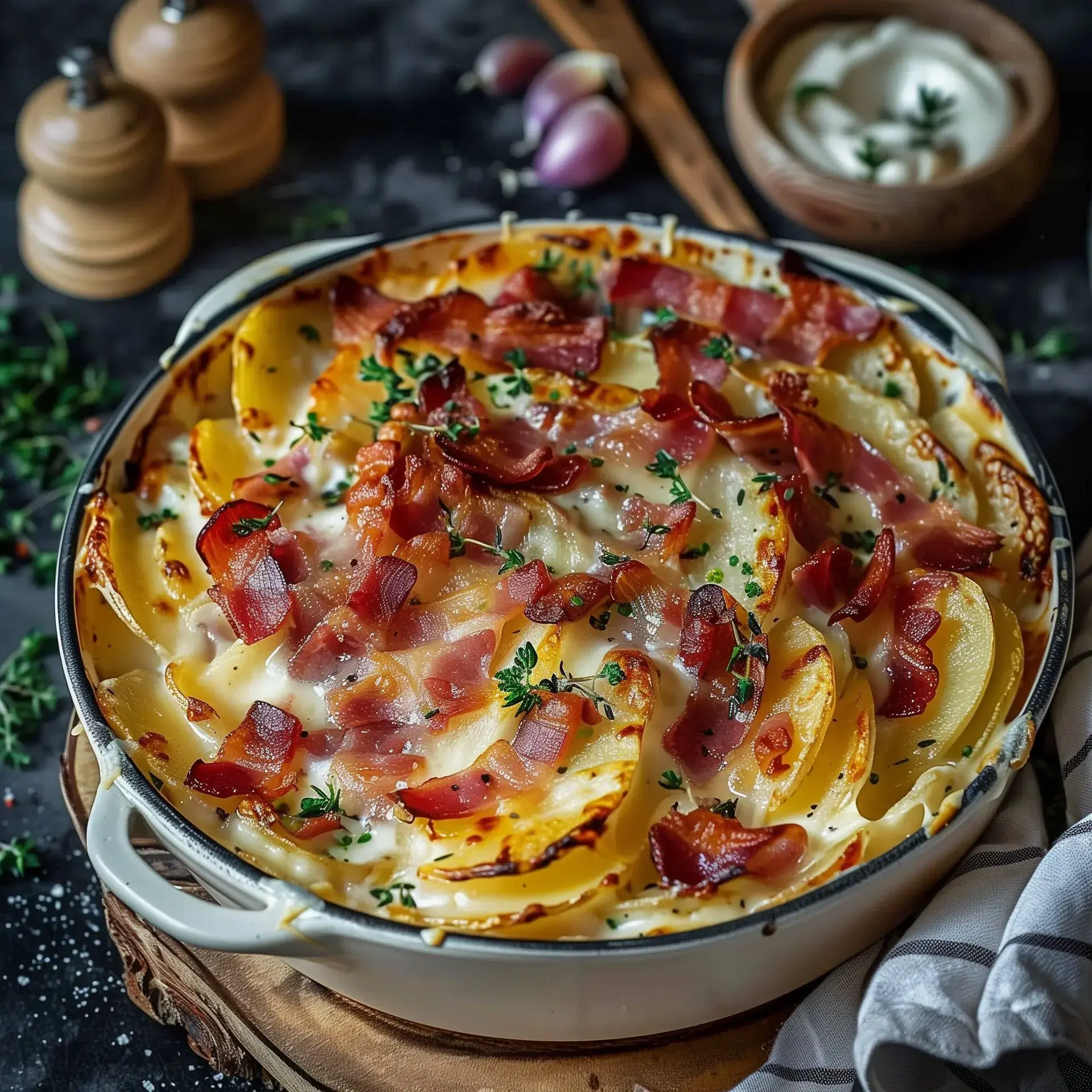 Des pommes de terre dorées et gratinées avec du fromage fondu, des lardons et des herbes dans un plat convivial.
