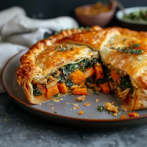 Tourte dorée avec garniture visible de légumes colorés et épinards frais.