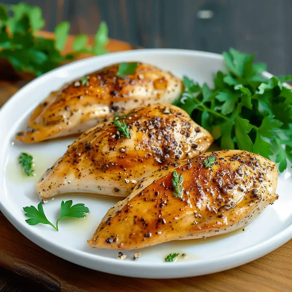 Filets de poulet juteux garnis de persil dans une assiette blanche.