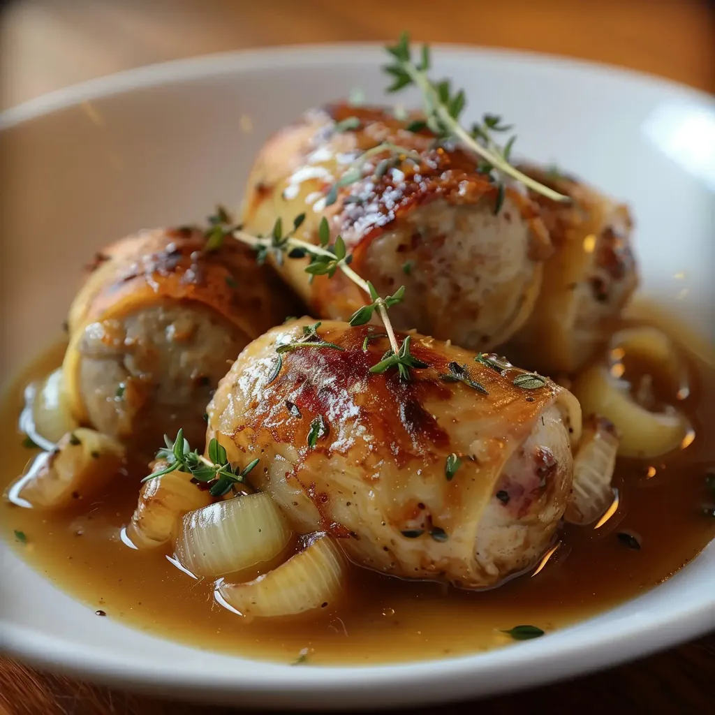 Un délicieux plat de viande mijotée, décoré de thym avec des oignons moelleux.