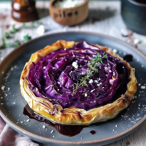 Une tarte avec du chou rouge joliment disposé comme une rose, ornée de thym et parsemée de fromage sur une belle assiette.