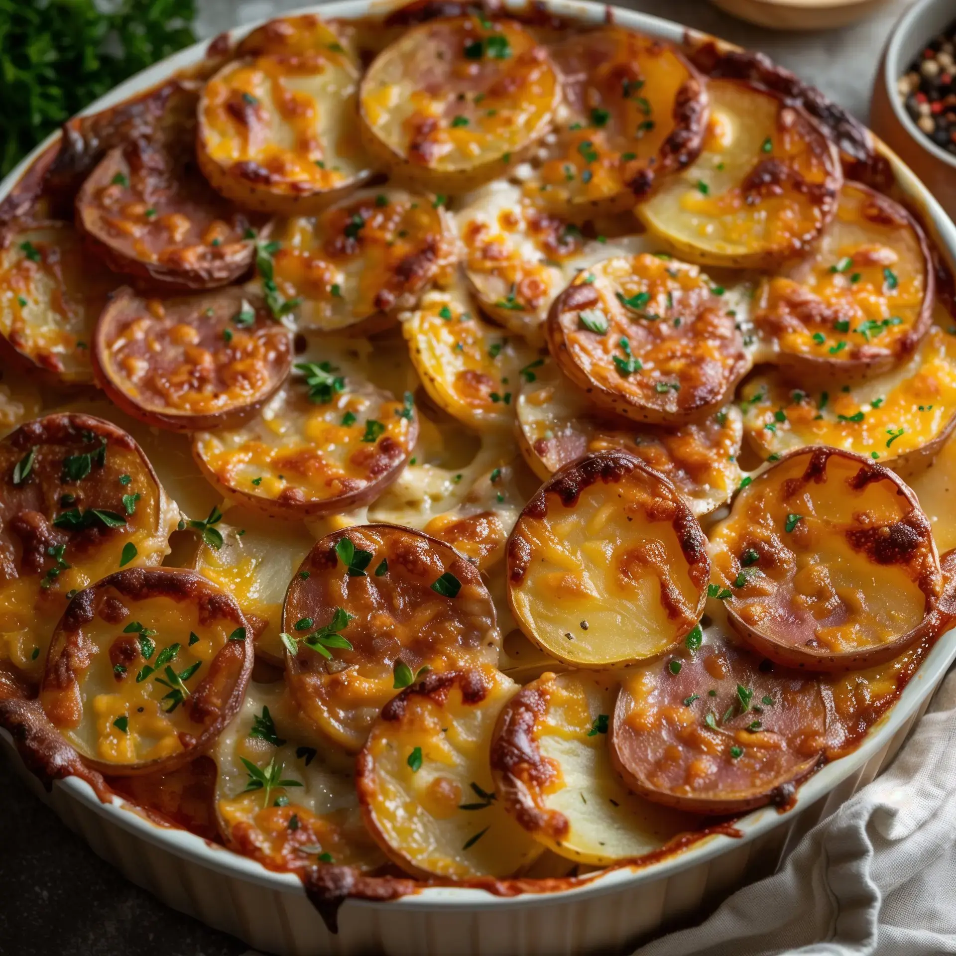 Gratin bien doré aux pommes de terre fondantes et fromage coulant, présenté dans un plat rustique.