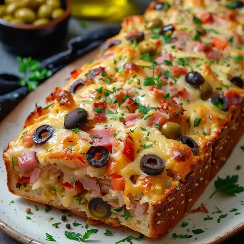 Pain moelleux garni de jambon, olives et fromage fondant, parsemé de persil.