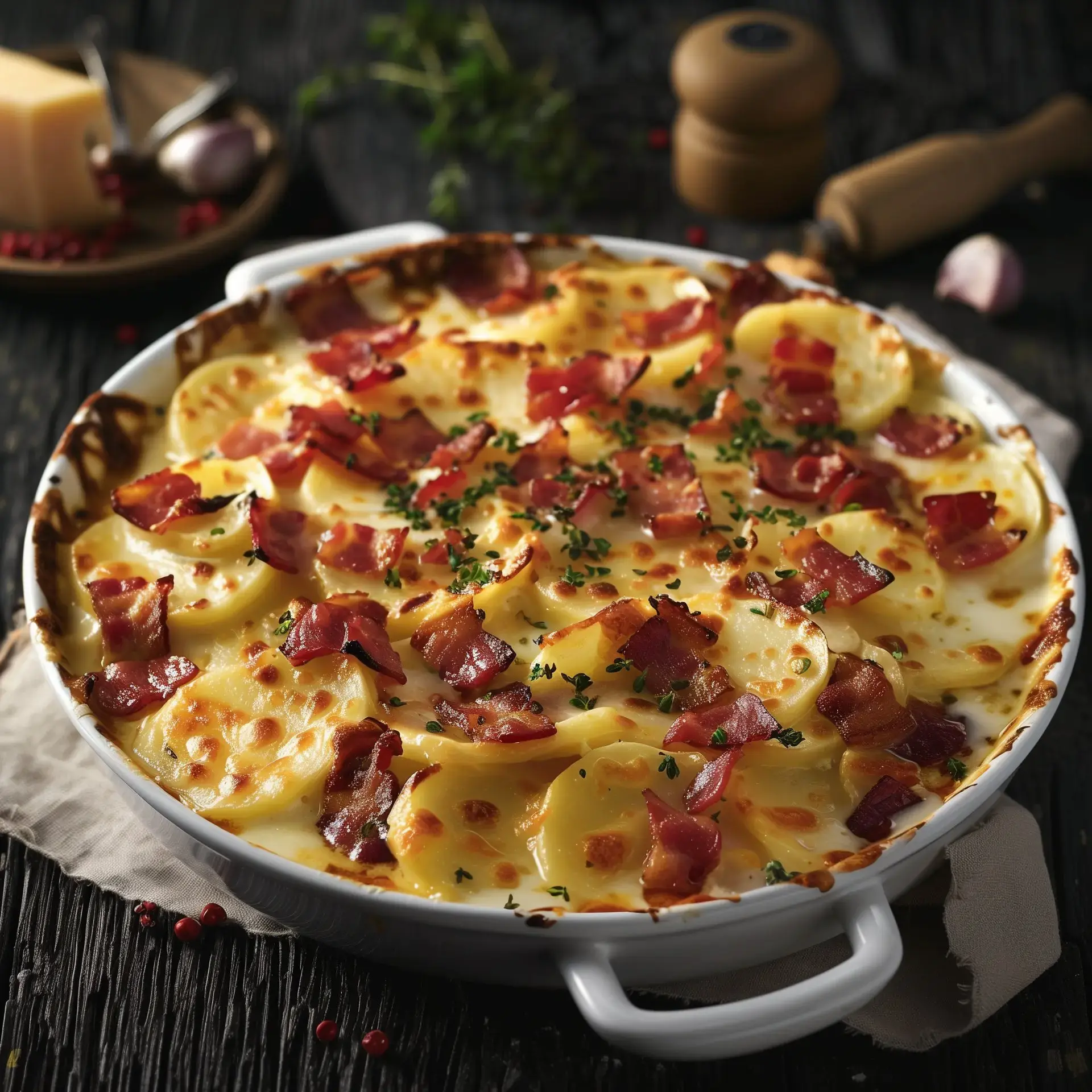 Pommes de terre gratinées avec des lardons croquants et du fromage fondant dans un plat blanc.