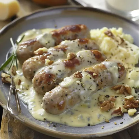 Quatre boudins nappés de sauce au fromage, accompagnés d'une purée et garnis de noix.