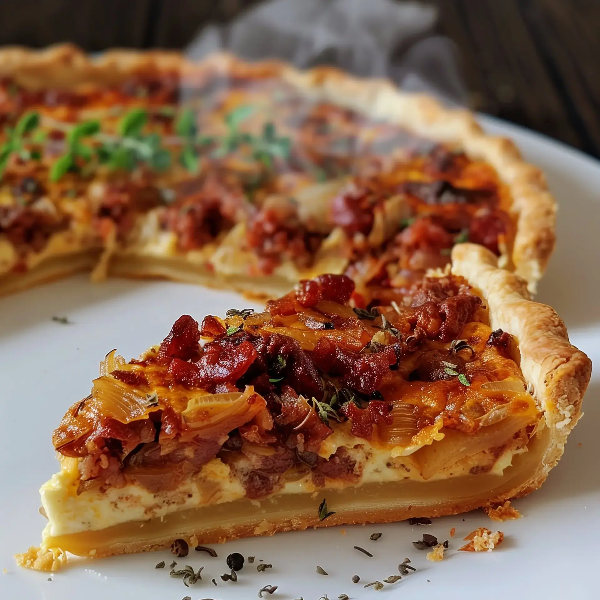 Tranche de tarte aux oignons et chorizo, décorée avec des herbes, sur une assiette.
