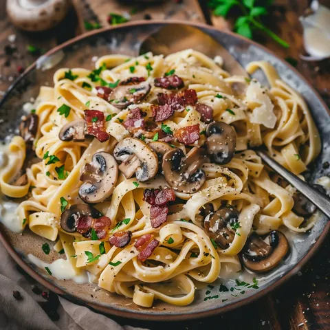 Tagliatelles riches en sauce crémeuse avec des champignons et des lardons, décorées de fromage et persil.