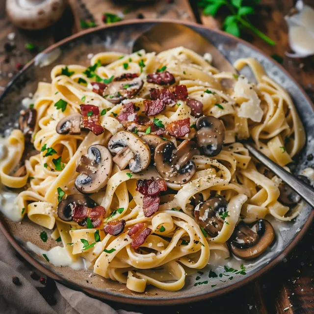 Tagliatelles riches en sauce crémeuse avec des champignons et des lardons, décorées de fromage et persil.