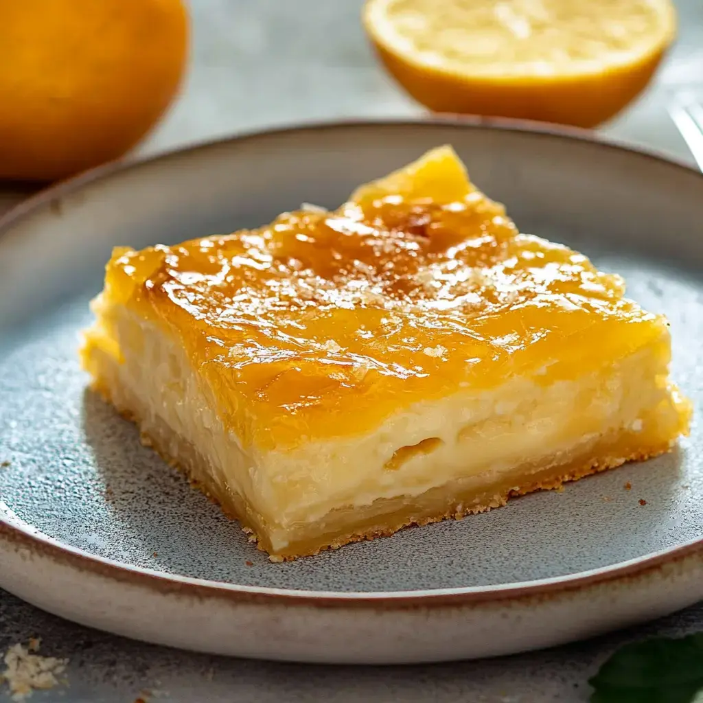 Une part de gâteau crémeux accompagnée de rondelles de citron en arrière-plan.
